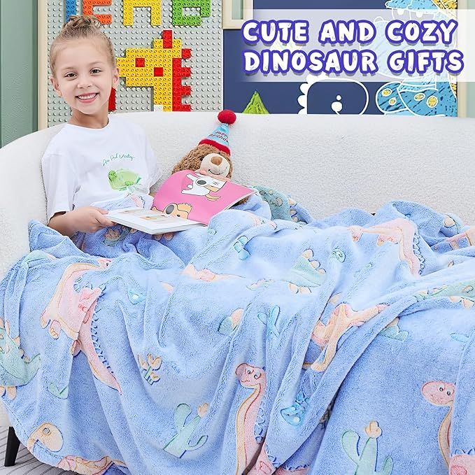 inhand Dinosaur Gift Toys for Kids Glow in The Dark Dinosaur Blanket for Boys Girls Fluffy Cozy Fleece Kids Blanket Birthday Christmas Halloween Easter Child Gifts Blue 50"x60"