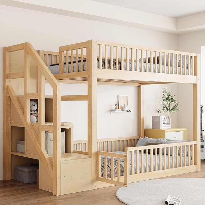 Twin Over Twin Floor Bunk Bed with Storage Staircase, Solid Wood Bunk Bed Frame with Full Length Fence-Shaped Guardrails for Kids Teens Adult Bedroom, Space Saving Design (Natural-Twin/Twin)