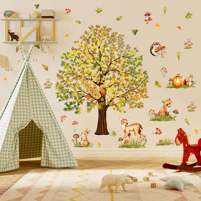 Woodland Forest Wall Decals Large Oak Tree with Animals Removable Peel and Stick Wall Art for Nursery Kids Room Fall Decor Living Room Classroom