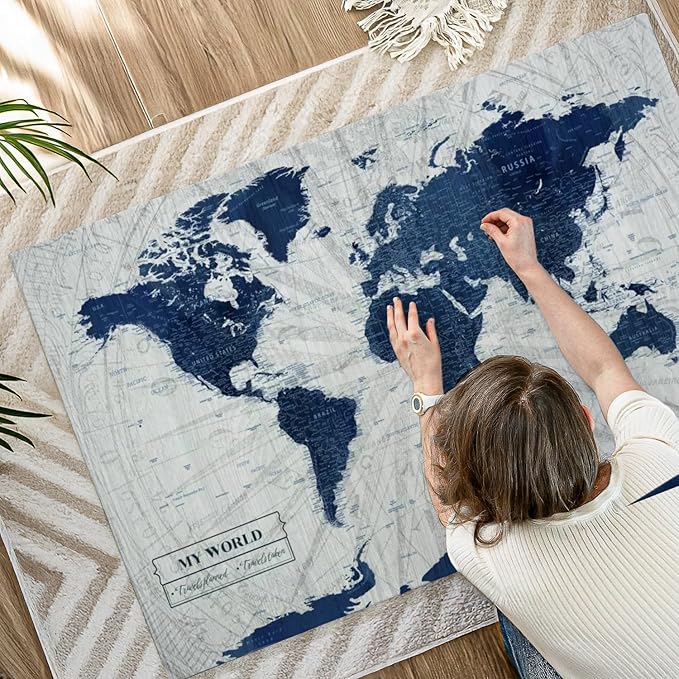 ElephantStock - My World Push Pin Map V Wall Art - Horizontal Canvas Wall Art - Living Room Wall Decor - Unique Map Canvas Art - Gray And Blue Decor - 51" x 34"