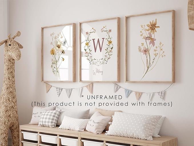 Personalized Name Flower Nursery Wall Art Prints, Crib & Nursery décor, Newborn Baby Girl Gift Present, Floral Baby Girl Room Pictures, Poster For Baby And Kids (3 Prints, Flower 3)