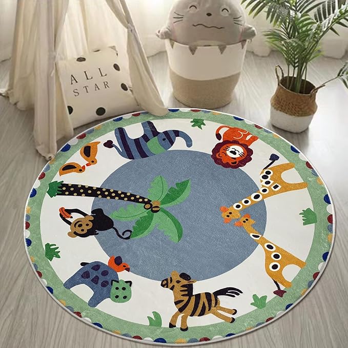 USTIDE Round Animals Kids Rug 4FT, Green Cartoon Play Mat Kids Area Rug Soft and Non-Slip Carpet for Nursery Playroom Children Bedroom Living Room Decor