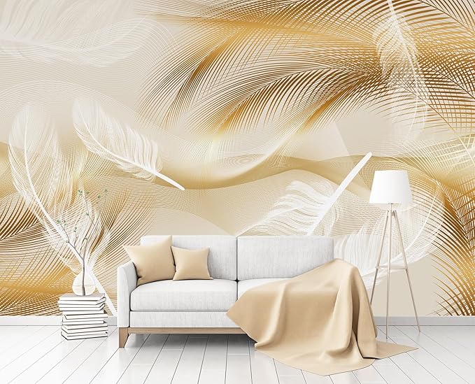 Gold and White Feather Wallpaper for Living Room Bedroom（Not Peel and Stick）