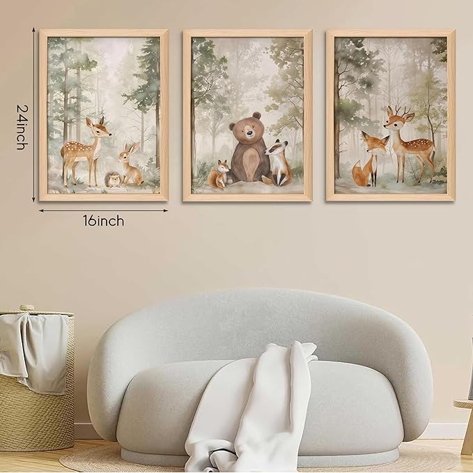 Framed Woodland Wall Art Set of 3, Wild Animals Nursery Wall Decor, Cute Bear Fox Deer Watercolor Canvas, Forest Animal Pictures Print for Baby Room Decor Home Decoration – 16x24 inch