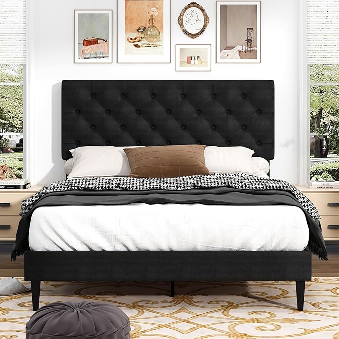 Full Size Bed Frame with Headboard, Upholstered Platform Bed with Adjustable Button Tufted Headboard, Fabric Bed Frame with Wooden Slats Support, No Box Spring Required, Easy Assembly, Dark Grey