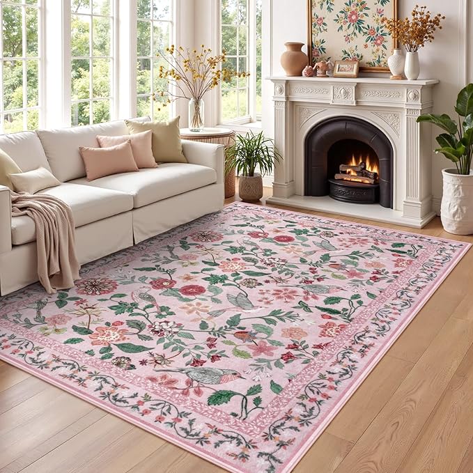Pink Floral 5x7 Area Rug, Washable Non-Slip Boho Rugs for Living Room Low Pile Flower Birds Bedroom Rug, Soft Non-Shedding Botanical Indoor Carpet for Nursery Playroom Dining Room