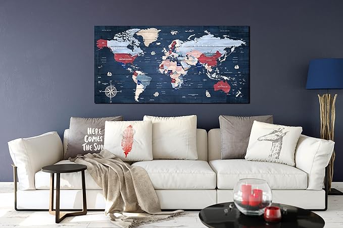 ZHAOSHOP World Map Wall-Art for Living Room - Blue Wall Decor for Teen Bedroom - Large Canvas Wall Art Stretched and Framed Ready to Hang Size 47" x 23"