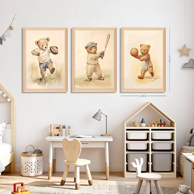 Framed Bear Wall Art Nursery Decor Set of 3, Cute Vintage Baby Bear Sports Pictures Wall Decor, Nursery Animal Poster Prints, Wild Animals Canvas for Children Bedroom Boy Room Decoration – 12x16 inch
