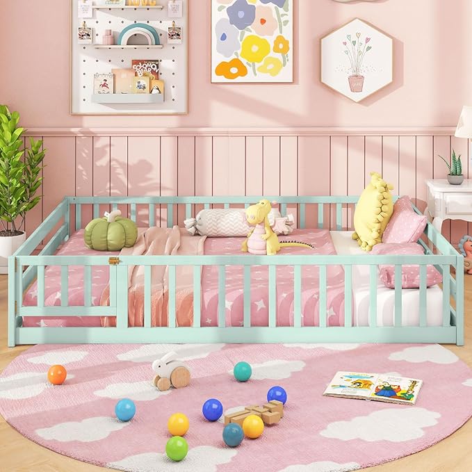 Giantex Full Floor Bed with Door & Fence, Kids Wood Montessori Beds with Safety Guardrails, Floor Bed Twin for Kids, Boys, Girls, No Box Spring Needed, Mint Sky