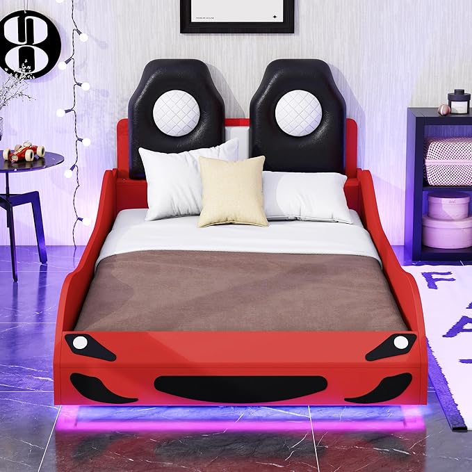 Merax Twin Size Race Car Bed with LED and Upholstered Backrest Headboard, PU Car-Shaped Platform Bedframe with Wheels and Guardrails, Wood Slat Support, No Box Spring Needed