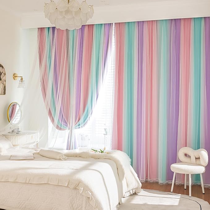 XiDi 100% Blackout Curtains for Girls Bedroom 63 Inches Long 2 Panels Colorful Rainbow Nursery Kids Curtains with Sheer Overlay Unicorn Wall Decor Princess Grommet Drapes Pink Purple Green 34W x 63L
