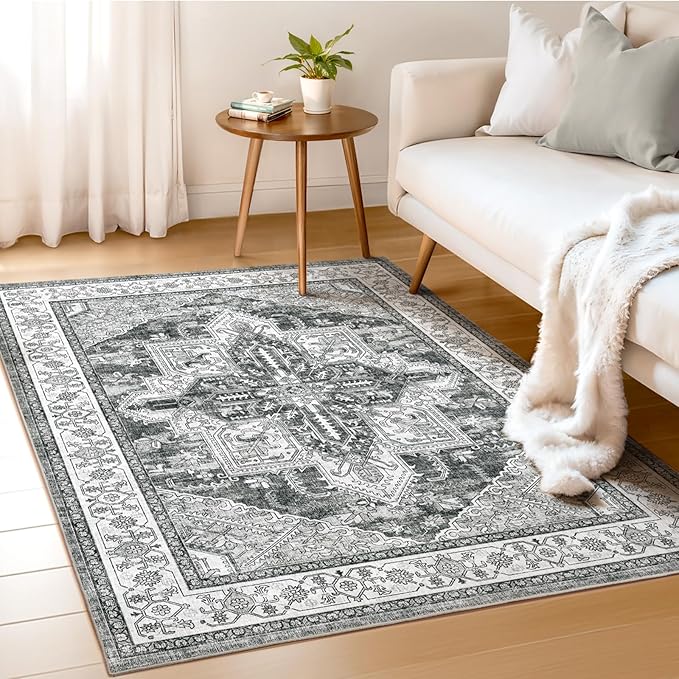 WITSHOCK Living Room Area Rugs 4x6: Washable Rug Boho Soft Non-Slip Low Pile Stain Resistant Foldable Carpet for Bedroom Playroom Dining Room Office Kitchen Farmhouse Home Decor Rug-Gray