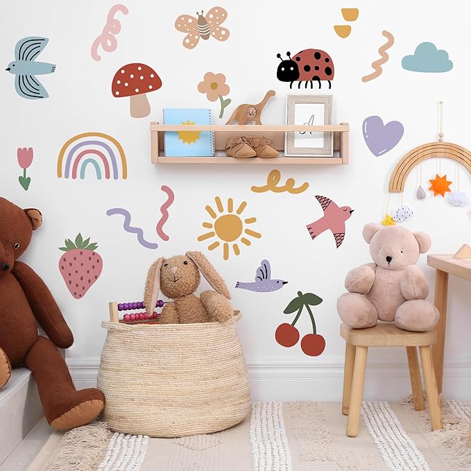 Insect Fruit Wall Decals,Watercolor Doodle Wall Stickers Decor,Peel and Stick Butterfly Mushrooms, Strawberries, Cherries Decals for Kids Bedroom Nursery Playroom Living Room and Bedroom Decoration