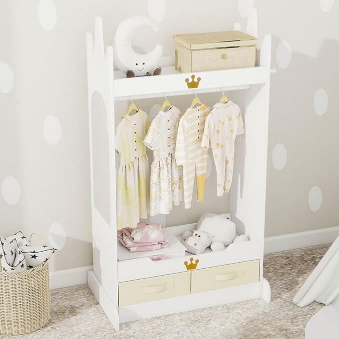 Kids Dress Up Storage with Mirror, Kids Costume Wardrobe with Shelves & Non-Woven Drawers, Children Open Hanging Armoire Costume Organizer for Kids Room, Nursery, Preschool, White