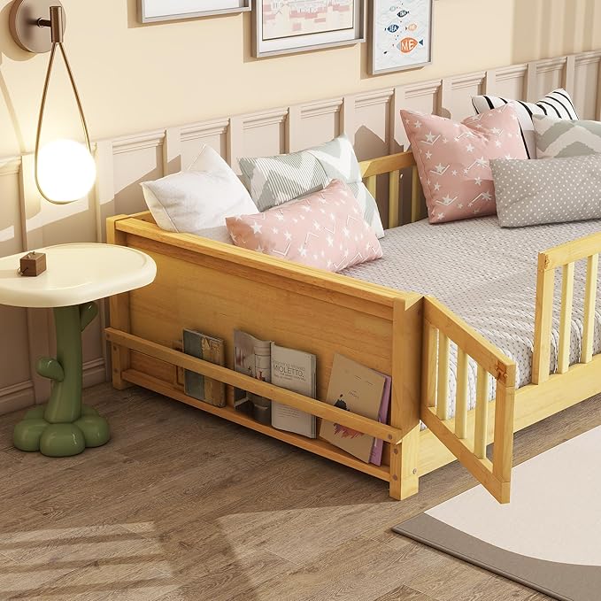 Twin Size Kids Montessori Floor Bed with Door,Twin Floor Bed Frame with Slats and Bookcase,Solid Wood Montessori Bed for Girls Boys,Natural