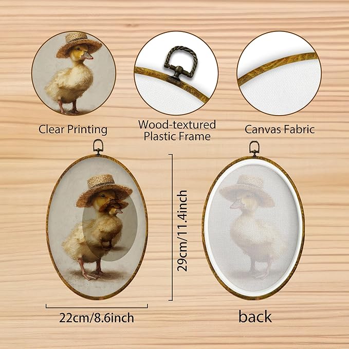 Hiuwevt Vintage Farmhouse Duck Round Wall Art Decor, Rustic Duck Framed Canvas Prints, Cottagecore Farm Animal Round Wall Hanging Decor for Home Bedroom Living Room Decorations, 8.6x11.4 Inches