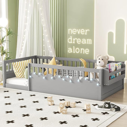 Twin Toddler Floor Bed with High Rails, Wooden Montessori Bed Frame with Light and Storage Shelf, Twin Size Bed Frame for Kids, Boys and Girls, Grey