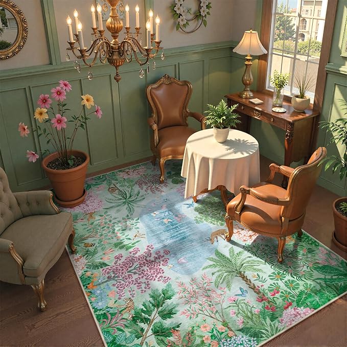 Lahome Spring Jungle Carpet, 5x7 Area Rugs for Bedroom Aesthetic Green Rugs for Living Room, Soft Machine Washable Seasonal Floral Non Slip Non Shedding Floor Carpet for Dorm Playroom Classroom Decor