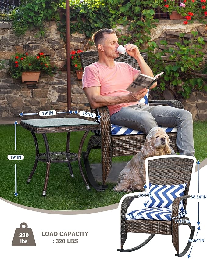 Outdoor Rocking Chairs Set of 2 with Side Table, Patio Rocking Chairs Wicker Set, 3 Piece Patio Rocker Furniture Set with Water-Resistant Cushions for Porch Balcony Backyard