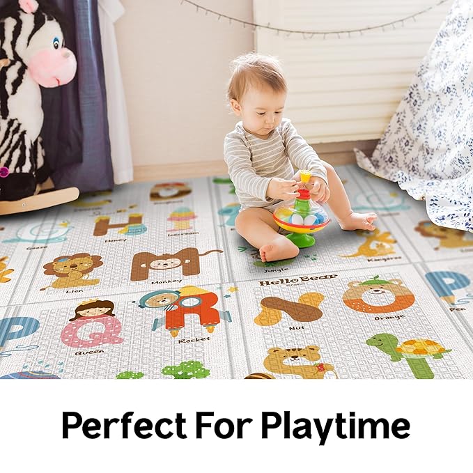 Baby Foldable Play Mat for Baby - Hello Bear ABC Design Floor Mats design - Perfect Tummy Time Mat & Nursery Rug - Portable Playroom Rug, Double-Sided, Waterproof, Made in Korea - Large 79" x 55"