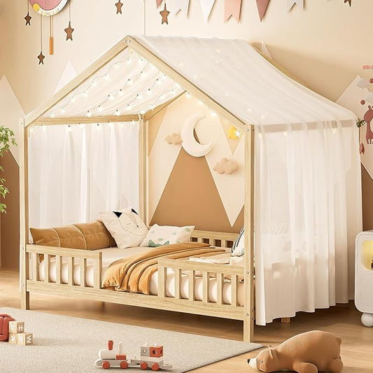 Montessori Floor Bed with Canopy, High Railings and Roof, Full Size Wood House Bed Frame for Kids Bedroom (Natural/C)