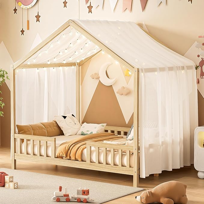 Bellemave Full House BedFrame with Canopy, Montessori Floor Bed, House Bed with Rails for Kids, Natural