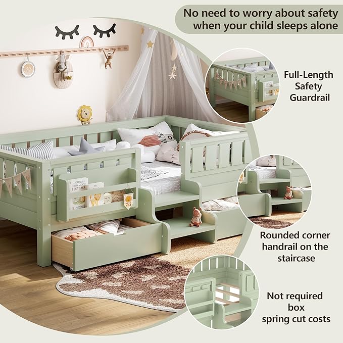Bellemave Twin Bed with Slats and Stairs, Twin Size Platform Bed Frame with Fence, Bookshelf and Storage Drawers, Easy Assemble Beds for Kids, Girls, Boys, Green