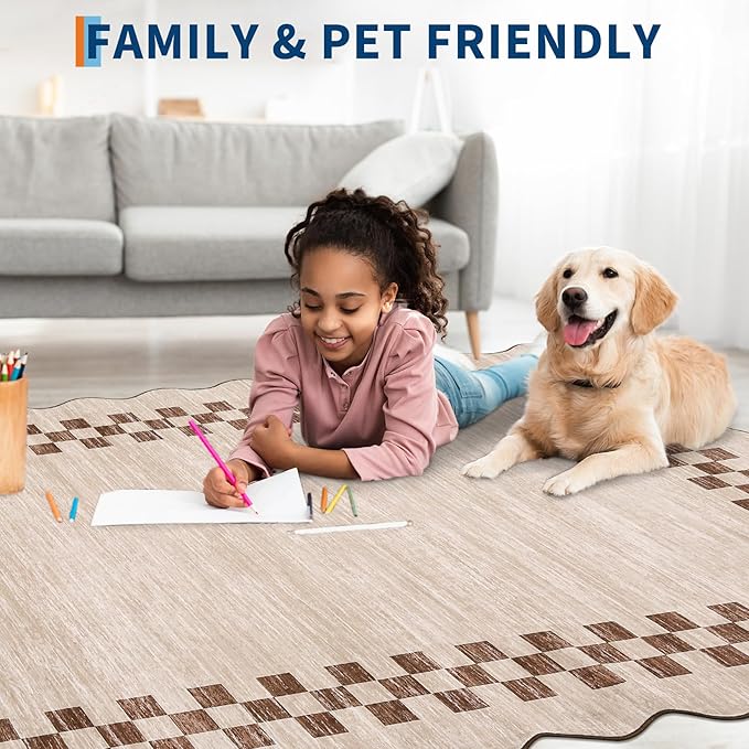 GarveeHome Scalloped Round Rug 4ft Modern Solid Color Circle Rugs Non Slip Low Pile Living Room Throw Carpat Washable Bedroom Scalloped Round Area Rug Stain Resistant Bordered Rug for Kitchen, Beige