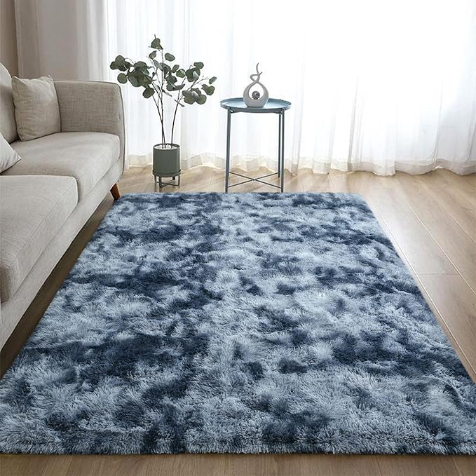 DweIke Fluffy Blue Grey Rugs for Bedroom Living Room, 5x8 Feet Soft Plush Shaggy Tie-Dyed Navy Blue Gray Girls Boys Kids Rug, Upgraded Non-Slip and Machine Washable Carpet for Dorm Nursery Decor