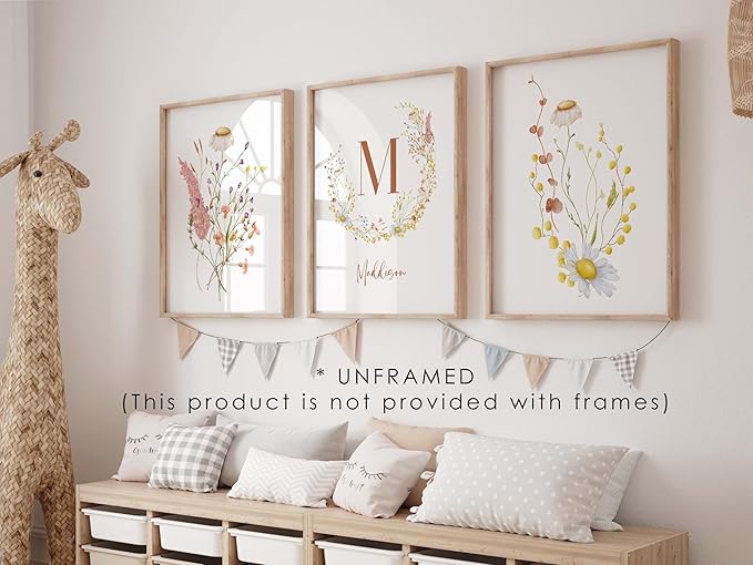 Personalized Name Flower Nursery Wall Art Prints, Crib & Nursery décor, Newborn Baby Girl Gift Present, Floral Baby Girl Room Pictures, Poster For Baby And Kids (3 Prints, Flower 5)