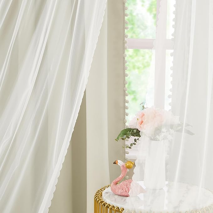Pom-Pom Blackout Curtains with Sheer Overlay for Bedroom 84"L Ivory Mix and Match Double Layer Blackout Curtains for Living Room Nursery Kid's Room Drapes with Tiebacks Rod Pocket 52" W x2 Natural