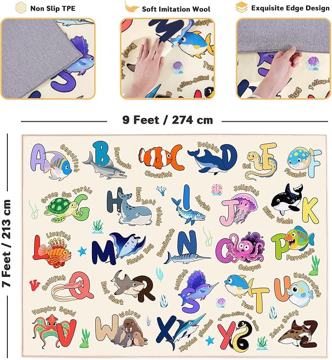 Kids Playroom Rug, 7x9 Feet Educational Rug for Learn The ABC Alphabet, Soft Machine Washable Non-Slip Cute Marine Organisms Carpet for Classroom Toddler Nursery Kids Room Decor, Beige