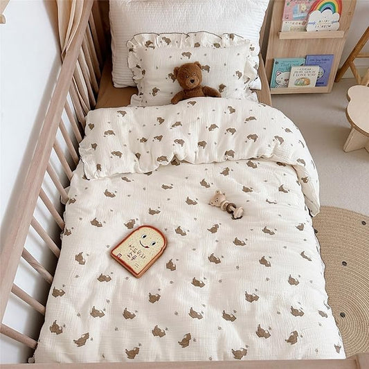 AOJIM Kids Bedding Duvet Cover with Little Bee and Brown Bear, Cotton Toddler 2-Layer Gauze Muslin Comforter Cover 47X59'', Ruffled Design Baby Duvet Protector for Girls Boys, No Pillowcases or Quilt