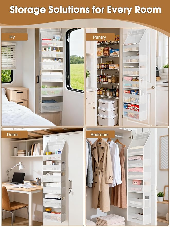 Criusia Over The Door Organizer, Heavy-Duty 6-Shelf Hanging Storage with 13 Mesh Pockets, 55lbs Capacity Behind The Door Storage for Nursery, Bathroom, Bedroom, and Dorm, White