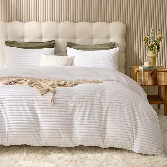 JELLYMONI Plush Duvet Cover Set - King Size Beige Striped Fluffy Comforter Cover 3pcs Bedding Set Luxury Ultra Soft Faux Fur Duvet Cover with Zipper and 2 Pillowcases (NO Comforter)