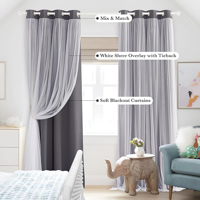 PONY DANCE Blackout Curtains 72 Inches Long - White Sheer Overlay Thermal Insulated Curtains for Living Room Sliding Glass Door, Cortina para Sala (W52 x L72 inch, Grey, One Pair Grommet Drapes)