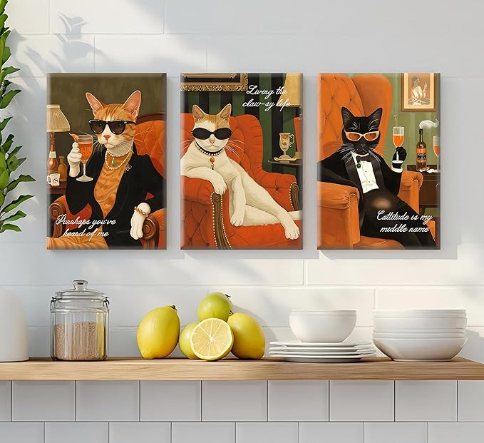 3Pcs Funny Cat Canvas Wall Art Elegant White Black Orange Cat Drinking Cocktail Painting Picture Wall Decor Luxury Feline Poster Print Bar Cart Artwork Decor for Bar Dining Room Bedroom Home Decortion