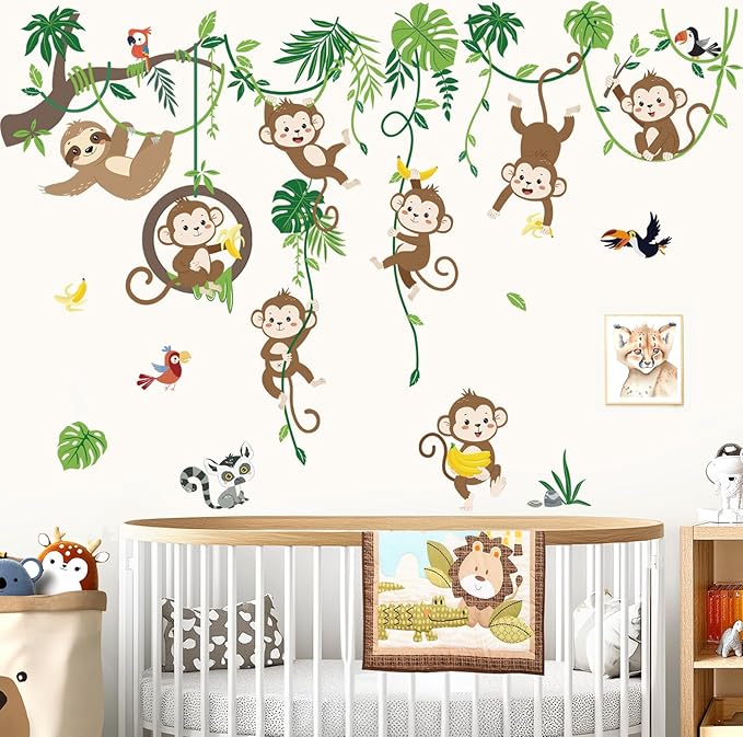 decalmile Monkey Climbing Tree Wall Decals Jungle Animals Tree Branch Sloth Wall Stickers Living Room Baby Nursery Kids Room Wall Decor