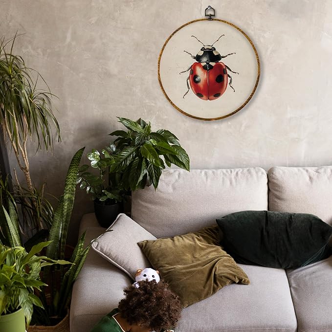 Hiuwevt Vintage Ladybug Round Wall Art Decor, Farmhouse Cottagecore Lady Bugs Framed Canvas Prints, Rustic Insect Round Wall Hanging Decor for Home Bedroom Living Room Decorations, 10x10 Inches