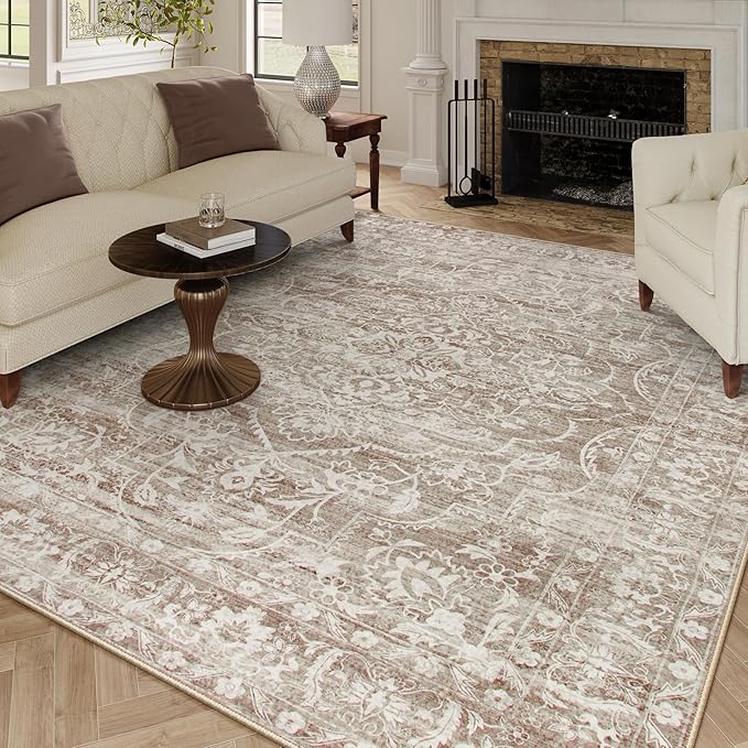 Lahome Neutral Living Room Rugs 8x10,Large Washable Rugs for Bedroom,Non-Slip Soft Bedroom Rug 8x10 Under Bed, Boho Vintage Farmhouse Carpet for Dining Room Table Office (Taupe/Beige,8'x10')