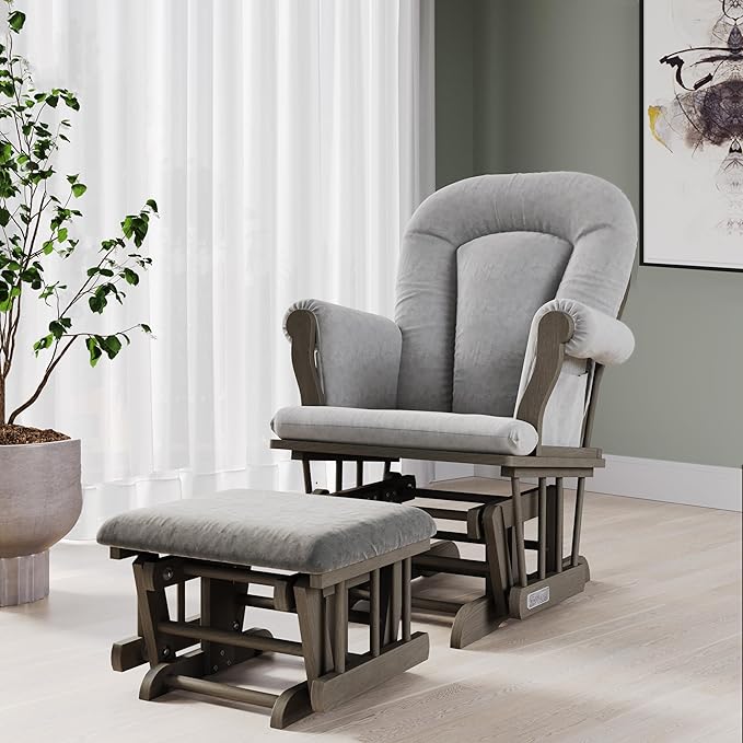 Child Craft Cozy Glider Rocker and Ottoman Set, Padded Cushion with Convenient Storage Pockets, Solid Wood Base & Frame (Dapper Gray with Light Gray Cushion)