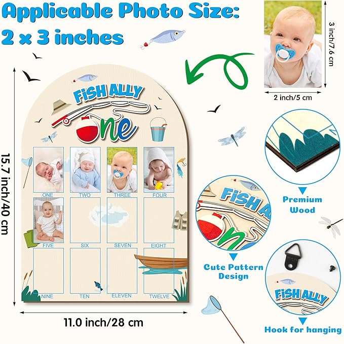 R HORSE My First Year Photo Display Wood Board - Baby’s First Year Picture Frame, 12 Months Milestone Board, 3D Fishing Neutral Baby Keepsake Gift One Year Old Birthday Nursery Decor for Girl Boy