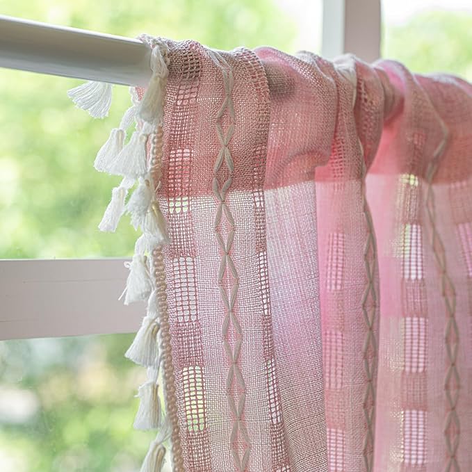 Deeprove Boho Valance Kitchen Short Curtain Tassel, Textured Striped Drape Light Filtering Tier Embroidered Chic Window Treatment for Cafe Dinging Room Closet, W52 x L18 inch SINGLE 1 Panel Blush Pink