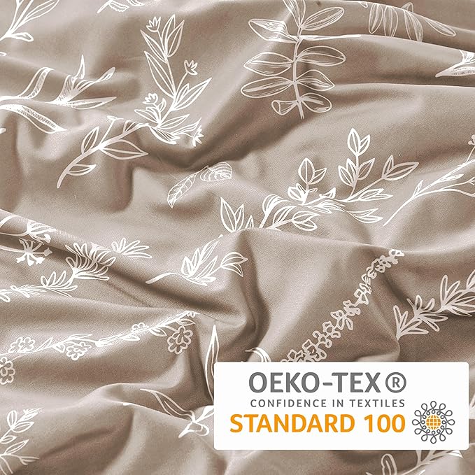 MUXHOMO Duvet Cover Full Size, Reversible Floral Taupe Duvet Cover Set with Zipper Closure, 3 Pieces Botanical Patterns Soft Microfiber Bedding Set with 4 Ties (80"x90", 2 Pillow Cases)