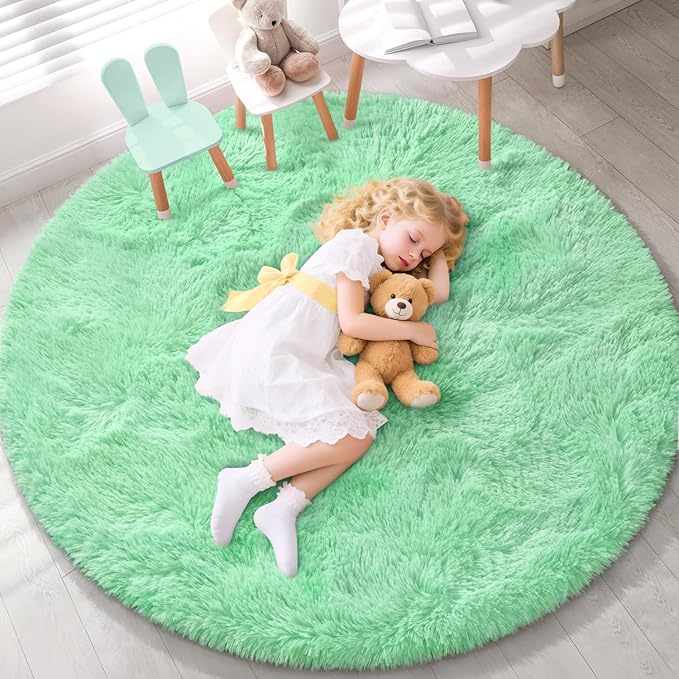 EVOIONOS Sage Green Round Rug for Bedroom, 4x4 Ft Fluffy Soft Circle Area Rugs for Living Room, Plush Shaggy Circular Carpet Indoor Floor Bedside Kids Nursery, Machine-Washable Home Decor Aesthetic