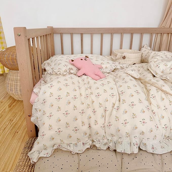 AOJIM Kids Muslin Duvet Cover with Azalea Pattern, Pure Cotton Floral Print Toddler Bedding Comforter Cover 1 Piece 47X59'', Ruffled Edges Crib Duvet Cover 2-Layer Muslin for Boys Girls, No Comforter