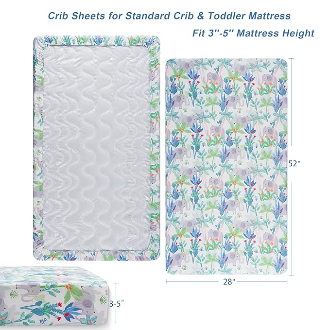 TILLYOU Baby Crib Sheets for Boys Girls, Super Soft Toddler Bed Sheets, 2 Pack Sheets for Standard Crib Mattress 28x52in, Rainforest Elephant