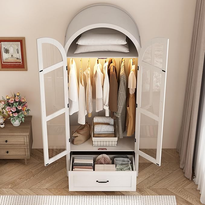 2 Doors Arched Armoire Wardrobe Closet w/Drawers,LED Light,Wooden Closet Wardrobe Cabinet with Hanging Rod for Bedroom,Modern Armoire Storage Cabinet w/Shelf,Antique White
