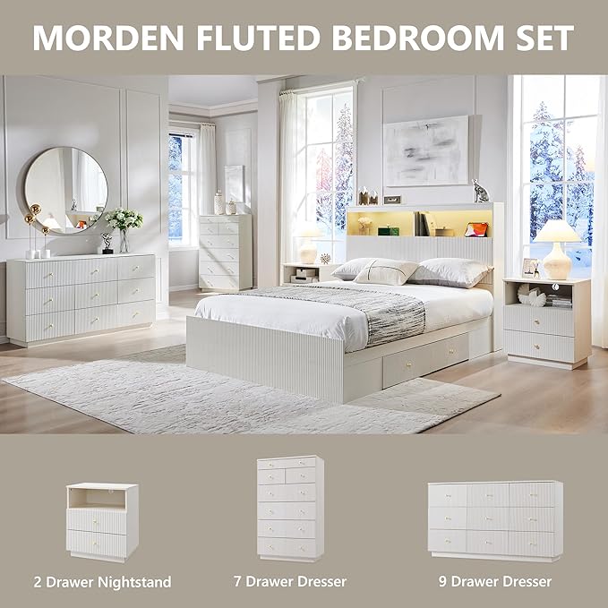Fluted Dresser for bedroom, 55"W White 9 Drawer Dressers, Wood Tall Dresser Storage Organizer, Modern Bedroom Chest of Drawers with Deep Storage for Closet Hallway, Entryway, Living Room White
