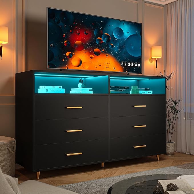 Black Dresser with LED Lights, Wood Dresser for Bedroom with 6 Wide Large Drawers,2 Open Shelves Top, Elegant Chest of Drawers for Living Room Hallway Entryway, 47.2" W